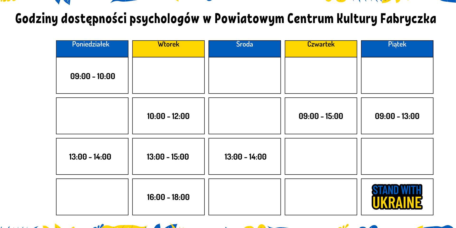 Grafik punktu psychologicznego w Powiatowym Centrum Kultury Fabryczka w Wołominie